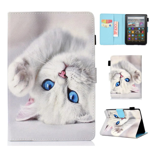 For Amazon Kindle Youth Edition 2022 Folio Flip Tablet Stand Case Stitching Line PU Leather Card Holder Protective Cover - White Cat - 1