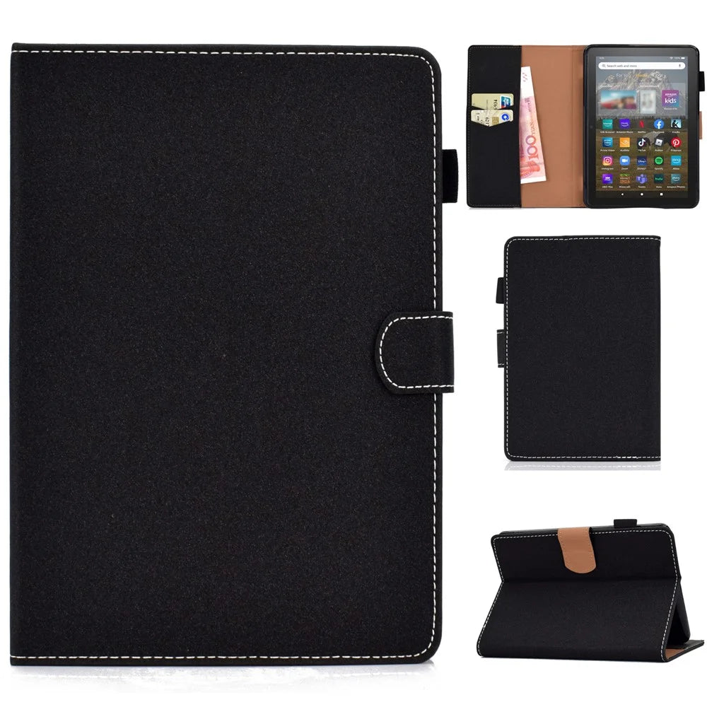 For Amazon Kindle Youth Edition 2022 PU Leather Stitching Line Tablet Case Card Slot Stand Folio Cover with Pencil Holder - Black - 1
