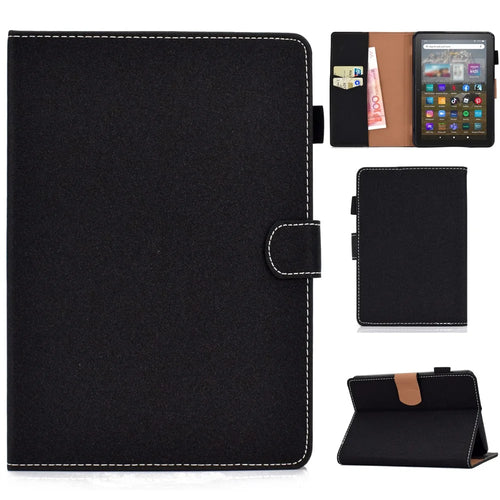 For Amazon Kindle Youth Edition 2022 PU Leather Stitching Line Tablet Case Card Slot Stand Folio Cover with Pencil Holder - Black - 1