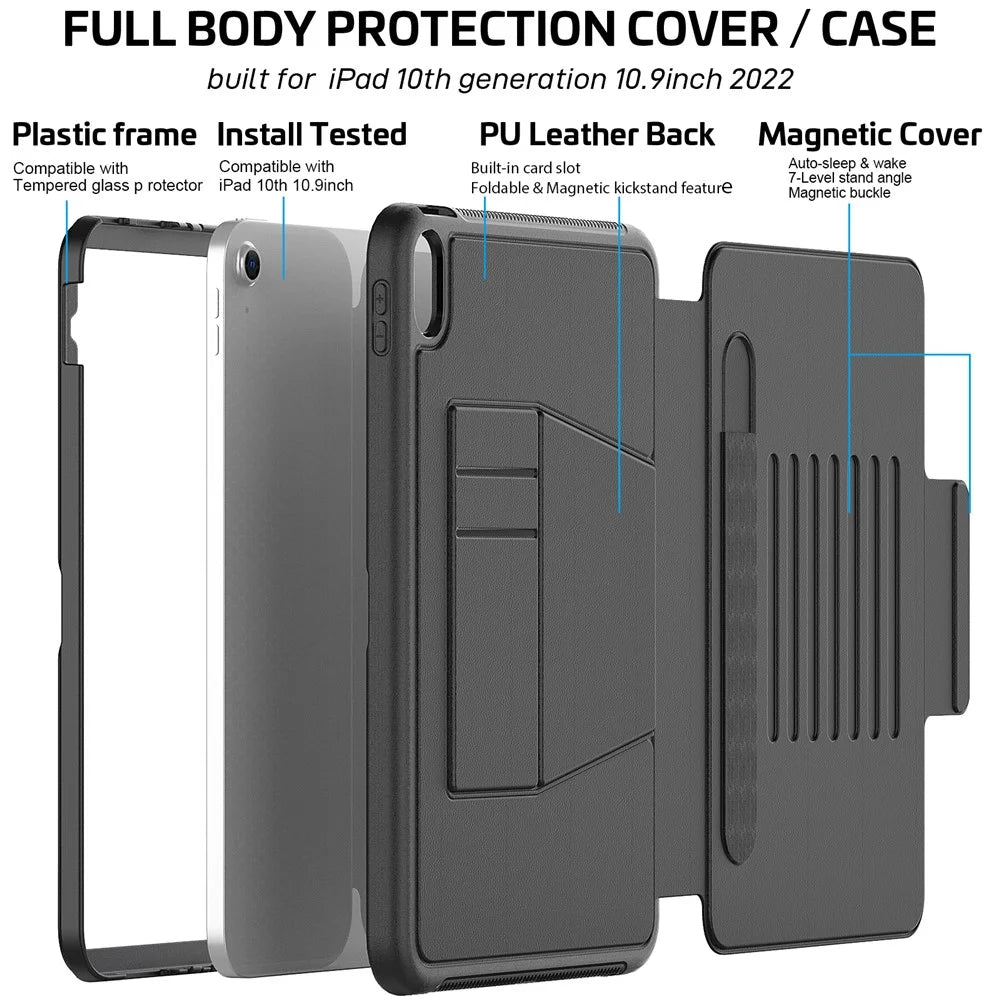 For iPad (2025) / 10.9 (2022) PU Leather Tablet Case Kickstand Card Holder Magnetic Cover with Smart Auto Sleep / Wake - Black - 6