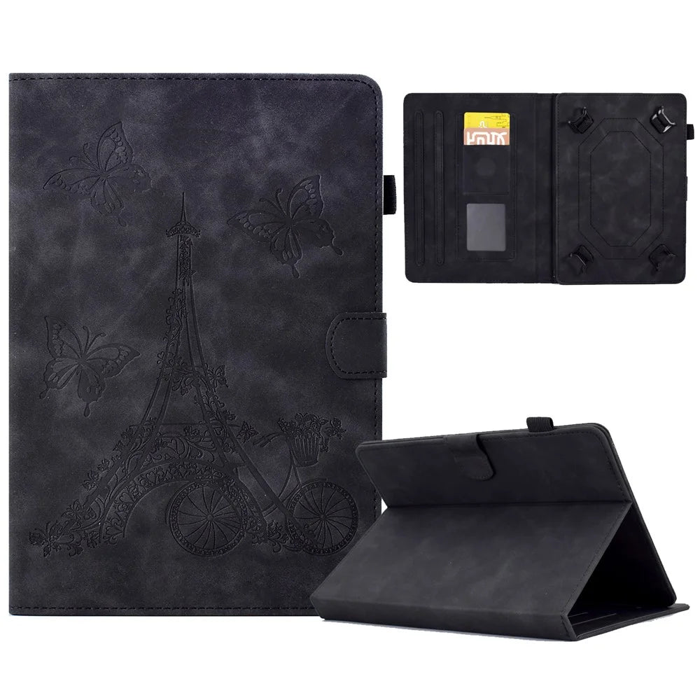 Microfiber Leather Case for Universal 7-inch Tablet, Tower Bike Butterfly Pattern Imprinted Shell Stand Smart Card Holder Protective Tablet Cover - Black - 1