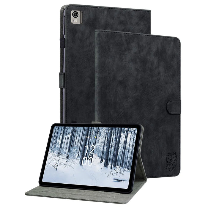For Nokia T21 PU Leather Shockproof Stand Case Imprinted Cute Tiger Pattern Flip Tablet Cover with Card Holder - Black - 1