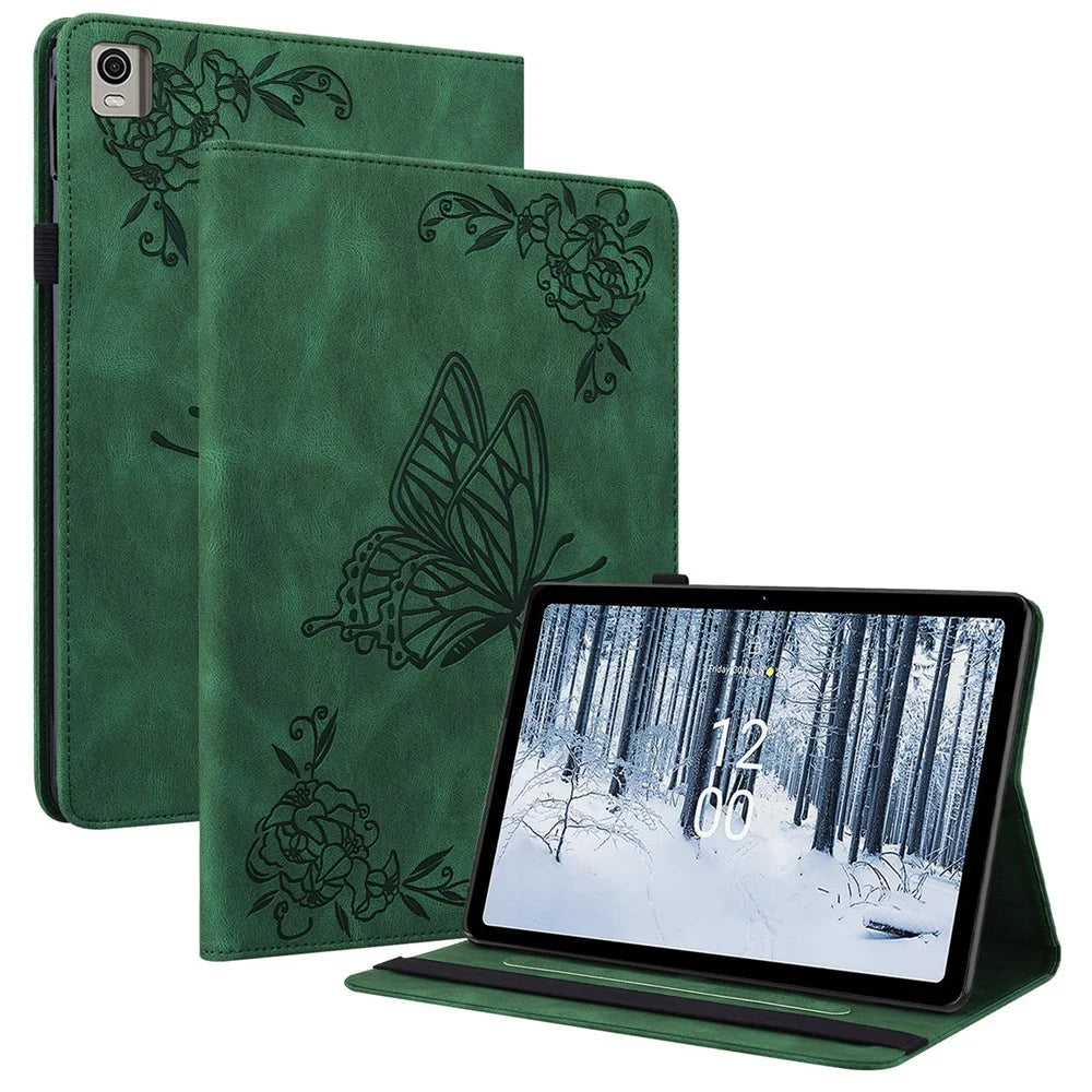 For Nokia T21 Butterfly Flower Imprinted Flip Cover Scratch Proof PU Leather Card Holder Stand Tablet Case with Pencil Holder - Green - 1