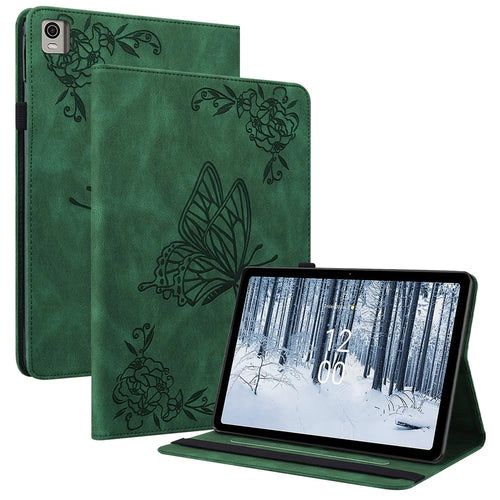 For Nokia T21 Butterfly Flower Imprinted Flip Cover Scratch Proof PU Leather Card Holder Stand Tablet Case with Pencil Holder - Green - 1