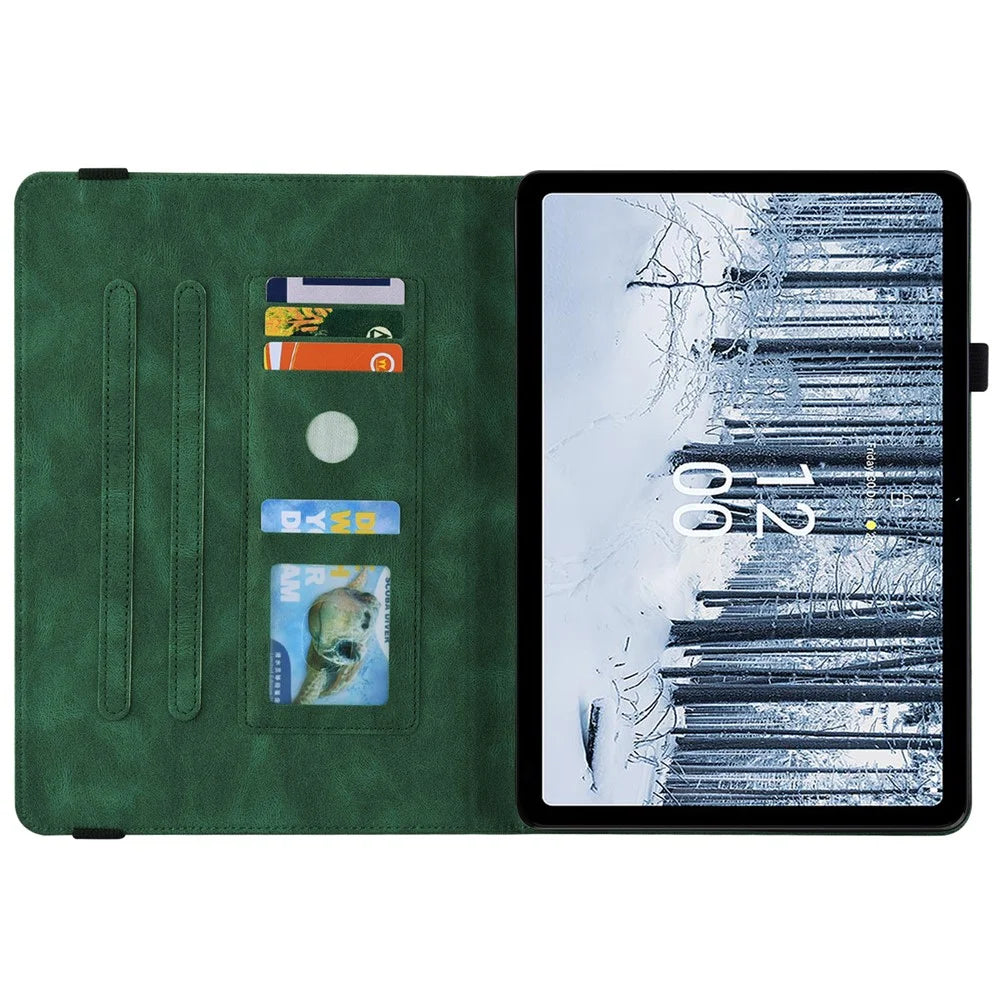 For Nokia T21 Butterfly Flower Imprinted Flip Cover Scratch Proof PU Leather Card Holder Stand Tablet Case with Pencil Holder - Green - 2