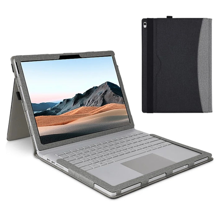 For Microsoft Surface Book 1 / 2 / 3 13.5-inch Business Leather Case Shockproof Carry Case with Detachable Stand - Black  /  Grey - 1