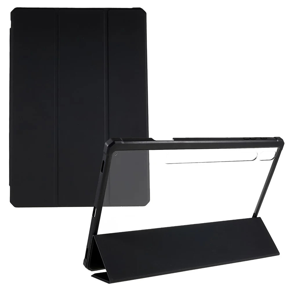 For Samsung Galaxy Tab S10+ / S9+ Skin-Touch Tri-Fold Stand Tablet  Case PU Leather TPU Acrylic Clear Tablet Cover - Black - 1