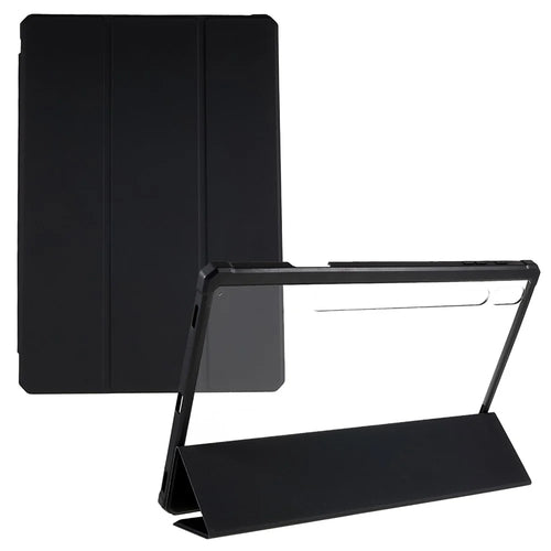 For Samsung Galaxy Tab S10+ / S9+ Skin-Touch Tri-Fold Stand Tablet  Case PU Leather TPU Acrylic Clear Tablet Cover - Black - 1