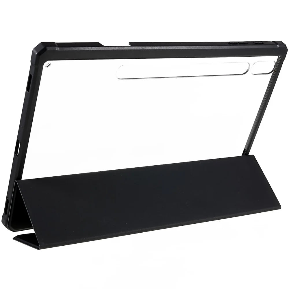 For Samsung Galaxy Tab S10+ / S9+ Skin-Touch Tri-Fold Stand Tablet  Case PU Leather TPU Acrylic Clear Tablet Cover - Black - 3