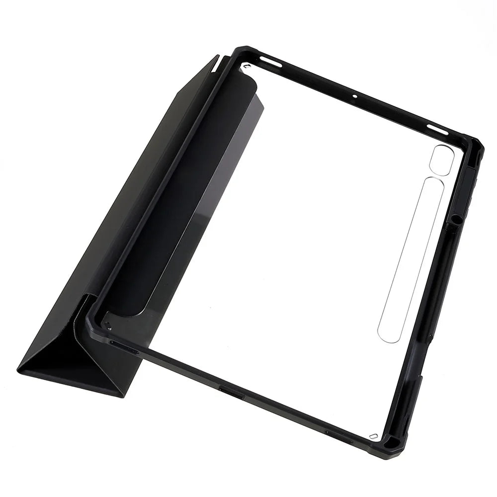 For Samsung Galaxy Tab S10+ / S9+ Skin-Touch Tri-Fold Stand Tablet  Case PU Leather TPU Acrylic Clear Tablet Cover - Black - 4