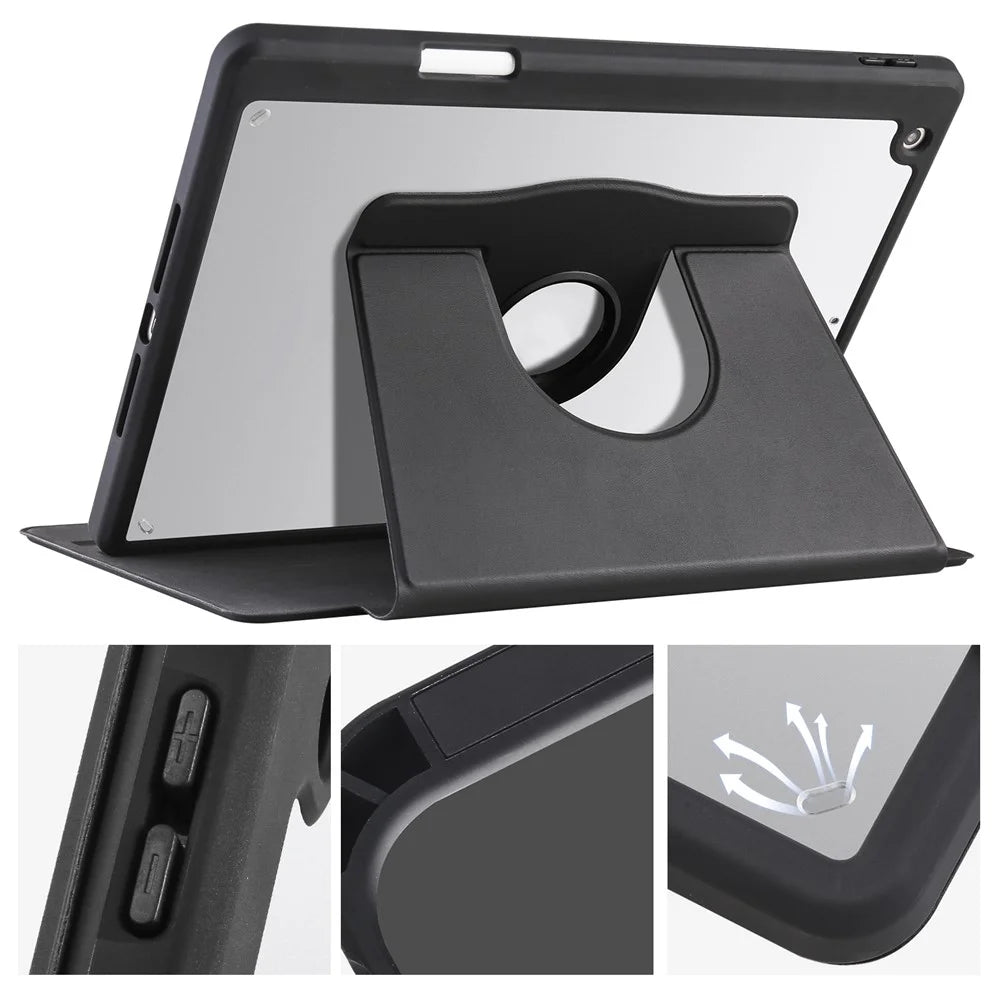 For iPad 10.2 (2021) / (2020) / (2019) Smart Tablet Case PU Leather + Acrylic Rotary Kickstand Cover - Black - 5