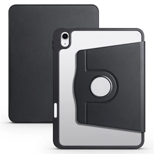 For iPad (2025) / 10.9 (2022) PU Leather + Acrylic Tablet Case Rotary Kickstand Cover with Pen Holder - Black - 1