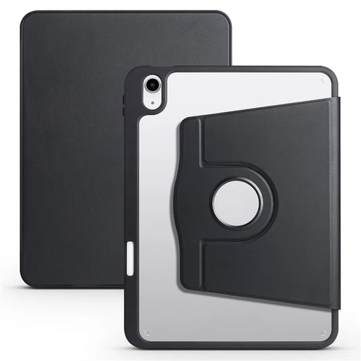 For iPad (2025) / 10.9 (2022) PU Leather + Acrylic Tablet Case Rotary Kickstand Cover with Pen Holder - Black - 1