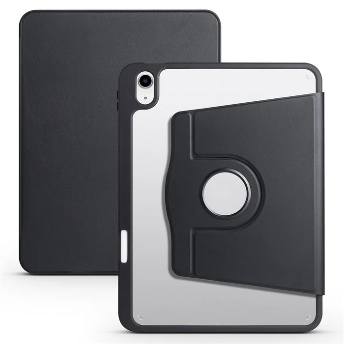 For iPad (2025) / 10.9 (2022) PU Leather + Acrylic Tablet Case Rotary Kickstand Cover with Pen Holder - Black - 1