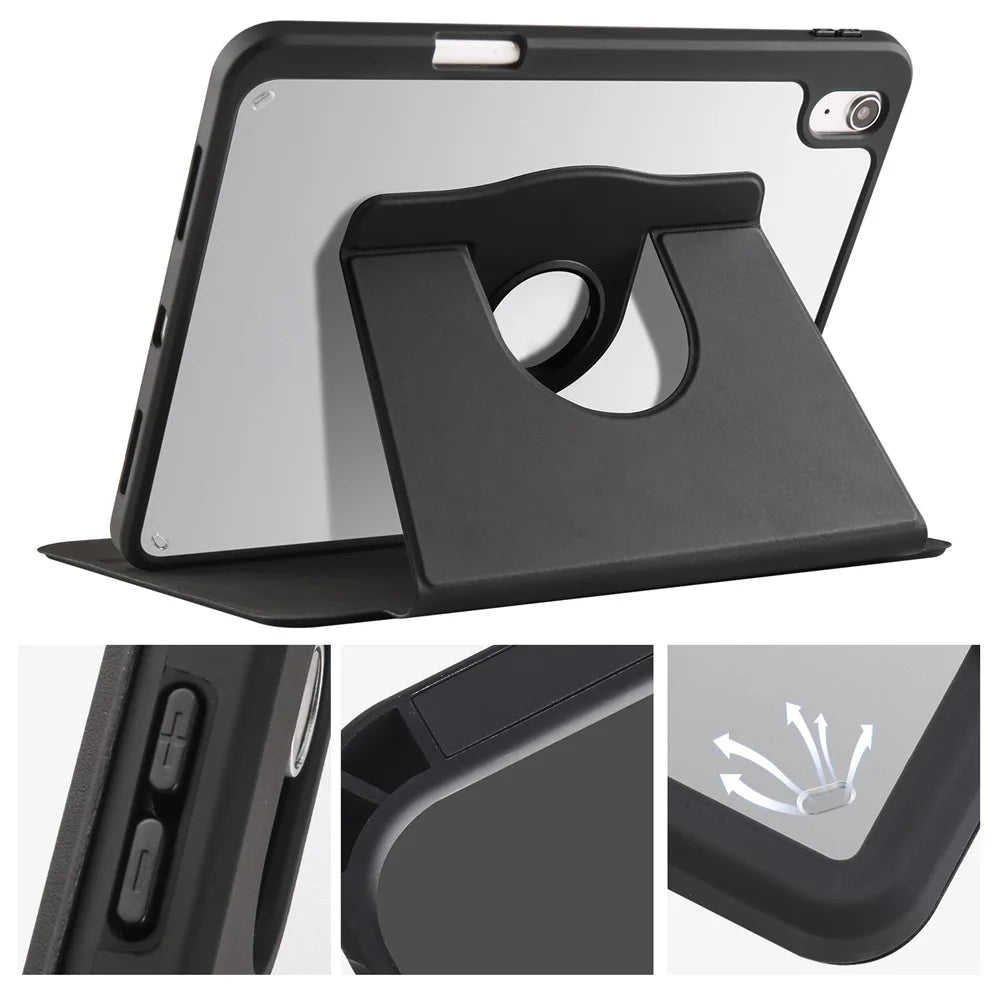 For iPad (2025) / 10.9 (2022) PU Leather + Acrylic Tablet Case Rotary Kickstand Cover with Pen Holder - Black - 5