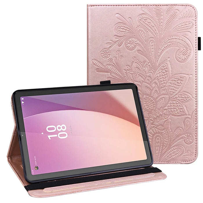 For Lenovo Tab M9 TB-310FU Flower Imprinting Tablet Cover PU Leather Stand Wallet Protective Case - Rose Gold - 1