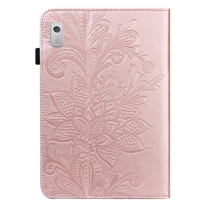 For Lenovo Tab M9 TB-310FU Flower Imprinting Tablet Cover PU Leather Stand Wallet Protective Case - Rose Gold - 3
