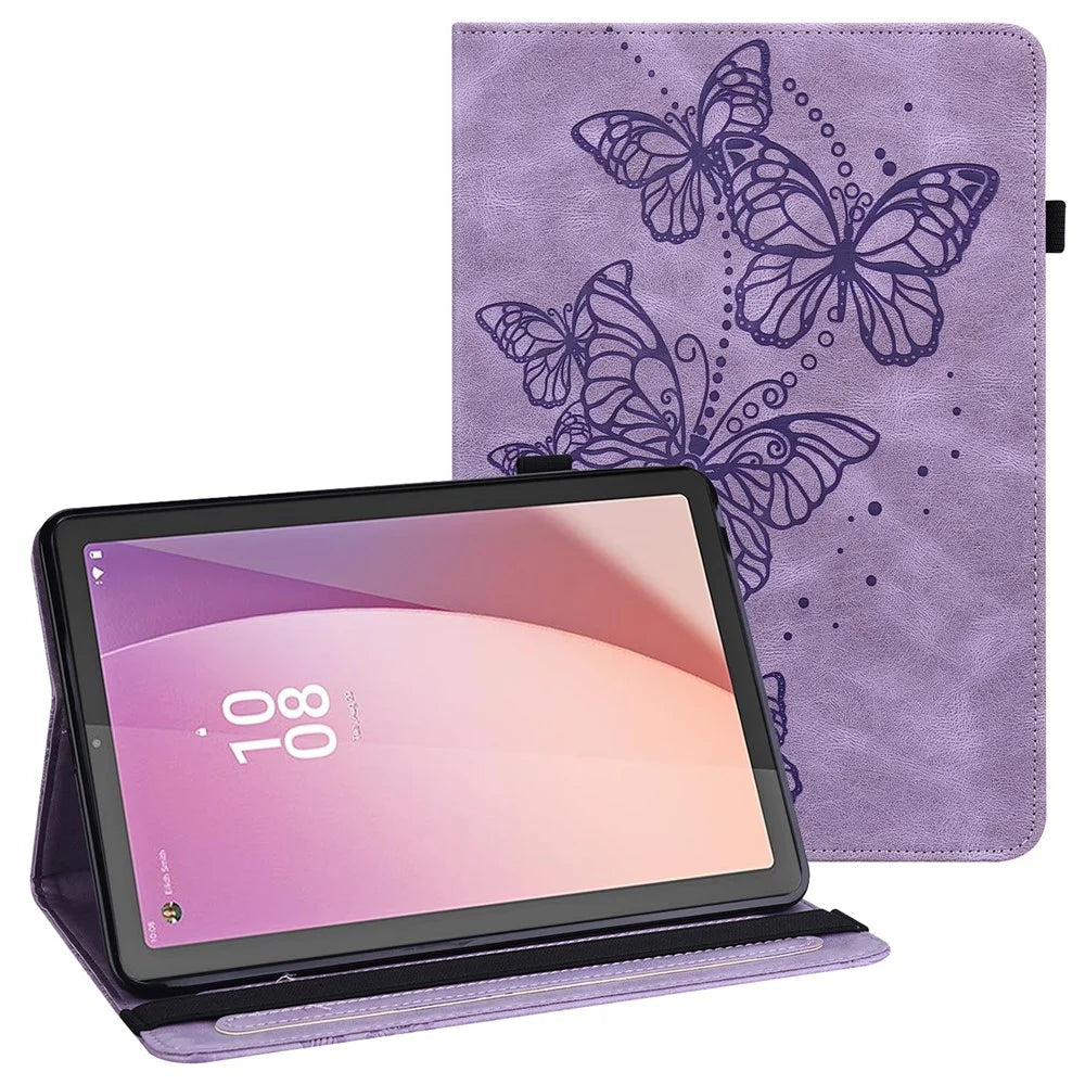 For Lenovo Tab M9 TB-310FU PU Leather Butterfly Imprinted Tablet Stand Cover Card Holder Shockproof Case - Purple - 1