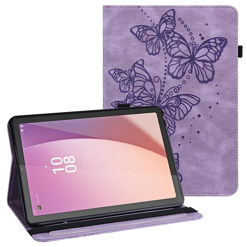 For Lenovo Tab M9 TB-310FU PU Leather Butterfly Imprinted Tablet Stand Cover Card Holder Shockproof Case - Purple - 1