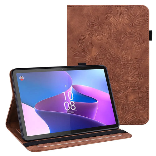 For Lenovo Tab P11 Pro Gen 2 Flower Imprinting PU Leather Tablet Case Drop-proof Wallet Stand Cover - Brown - 1