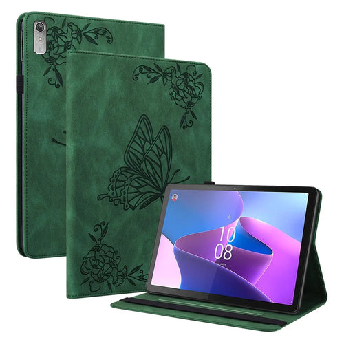 For Lenovo Tab P11 Gen 2 Shockproof Case Butterfly Flower Imprinted Leather Cover with Card Slot - Green - 1