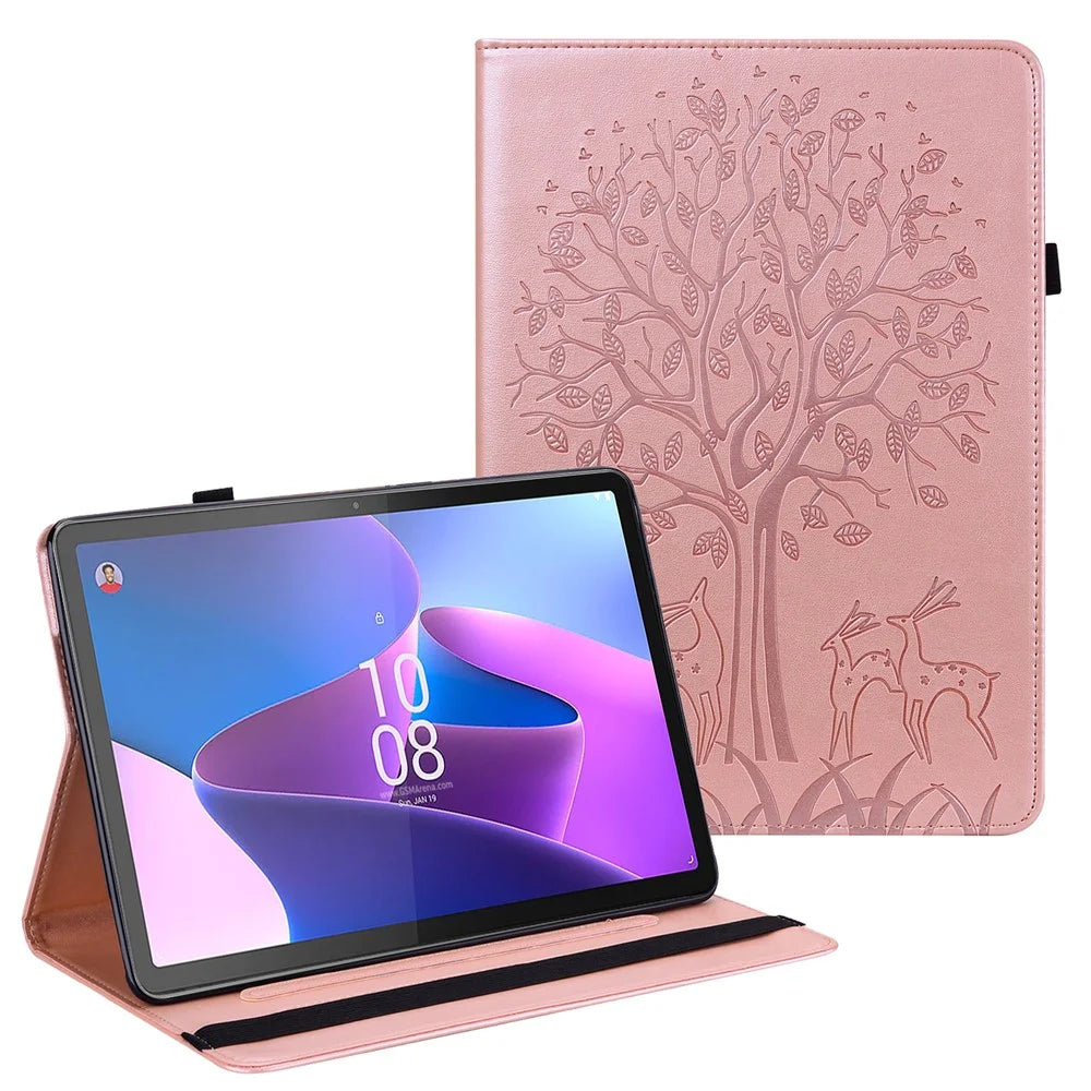 PU Leather Case for Lenovo Tab P11 Gen 2 Protective Cover Tree Deer Imprinted Stand Case with Card Slots - Rose Gold - 1