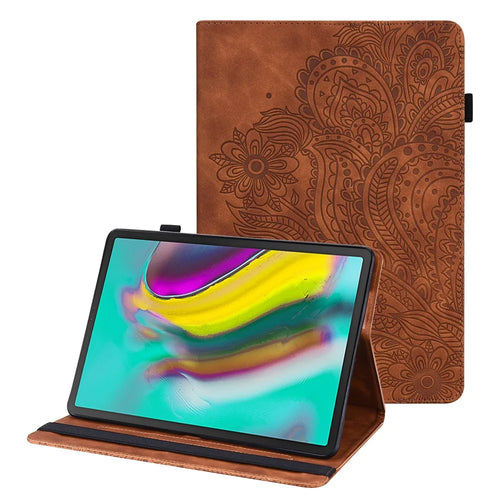 For Samsung Galaxy Tab S5e SM-T720 PU Leather Stand Tablet Case Flower Imprinting Card Holder Protection Cover - Brown - 1