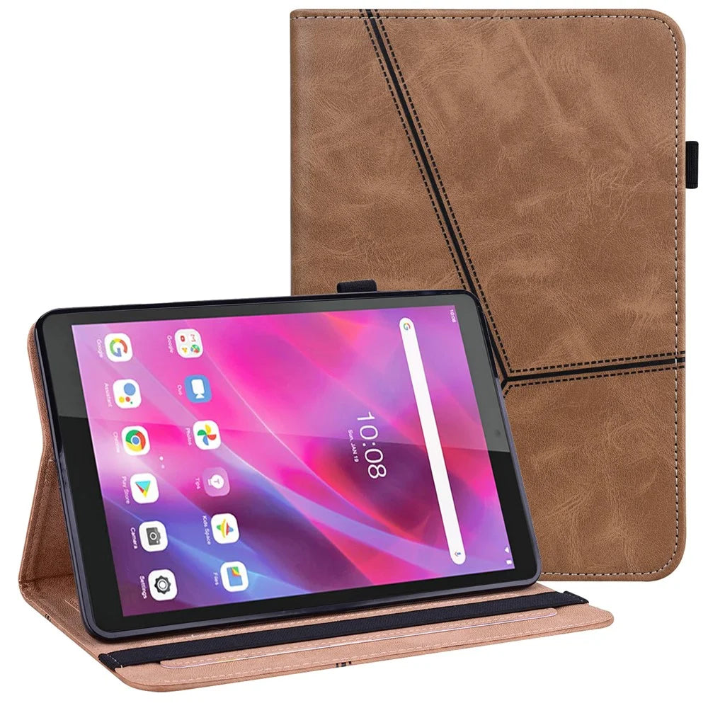 For Lenovo Tab M8 (4th Gen) 2024 TB-301XU / M8 (4th Gen) 2023 TB-300FU Line Imprinted Leather Drop-Proof Tablet Cover Stand with Card Slots - Brown - 1