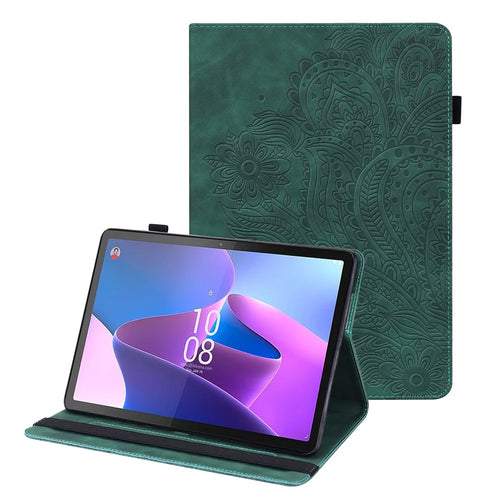 For Lenovo Tab P11 Gen 2 Flower Imprinting Tablet Shell PU Leather Card Holder Drop-proof Stand Case - Green - 1