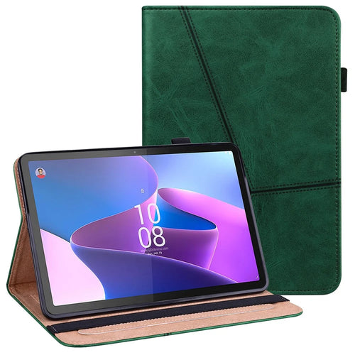 Tablet Case with Card Slots For Lenovo Tab P11 Gen 2 Line Imprinted Leather Protective Tablet Cover Stand - Green - 1