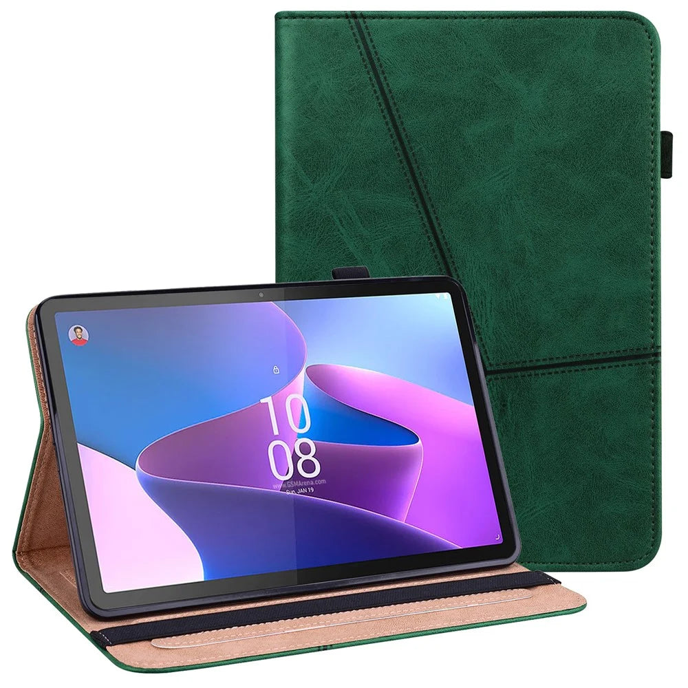 Tablet Case with Card Slots For Lenovo Tab P11 Gen 2 Line Imprinted Leather Protective Tablet Cover Stand - Green - 1