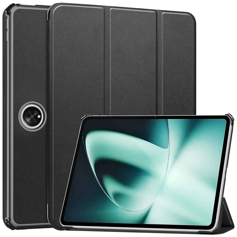 For OnePlus Pad Tri-fold Stand Tablet Case Auto Wake / Sleep Tablet Leather Cover - Black - 1