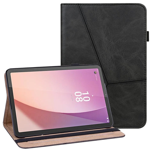 Flip Book Stand Cover for Lenovo Tab M9 TB-310FU , PU Leather Line Imprinted Tablet Case with Card Slots - Black - 1