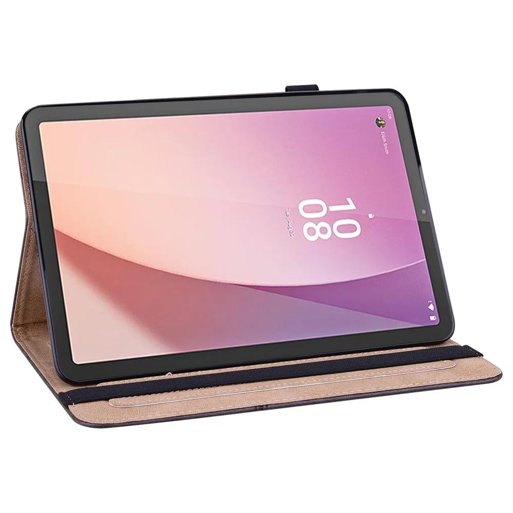Flip Book Stand Cover for Lenovo Tab M9 TB-310FU , PU Leather Line Imprinted Tablet Case with Card Slots - Black - 2