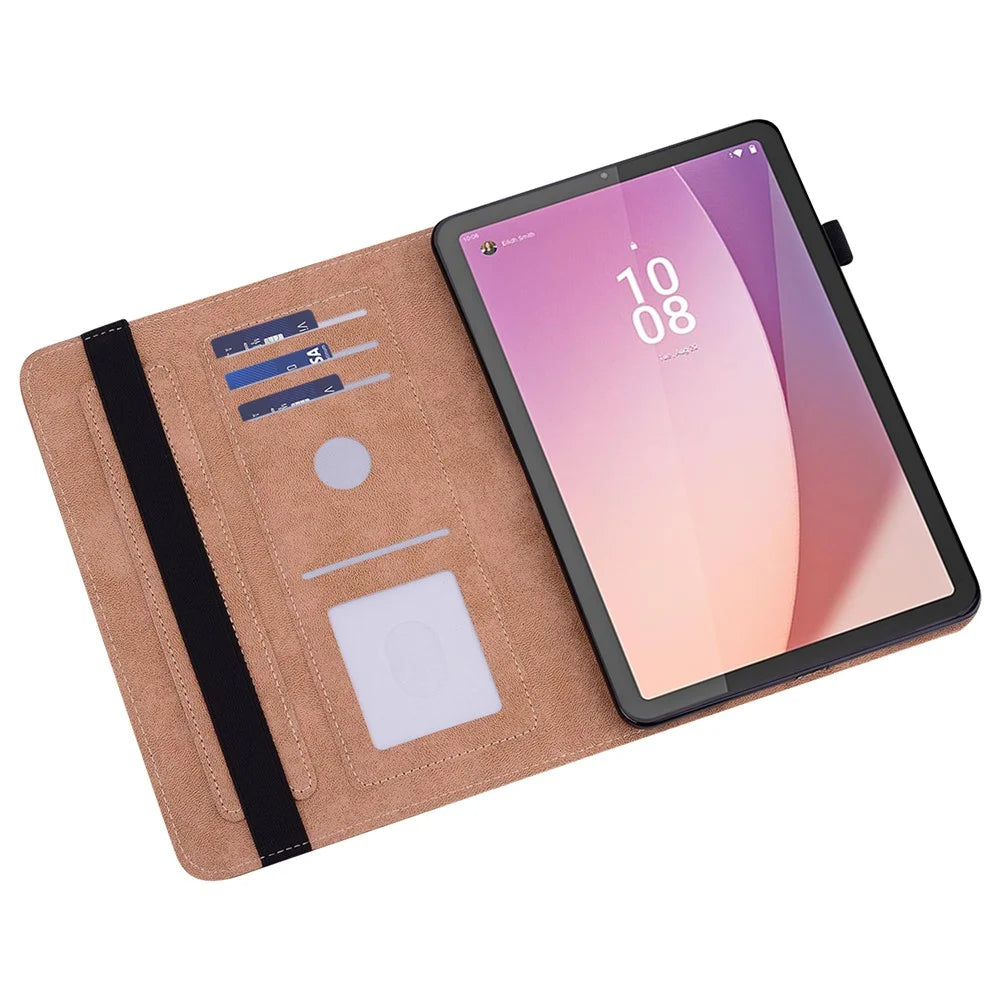 Flip Book Stand Cover for Lenovo Tab M9 TB-310FU , PU Leather Line Imprinted Tablet Case with Card Slots - Black - 3