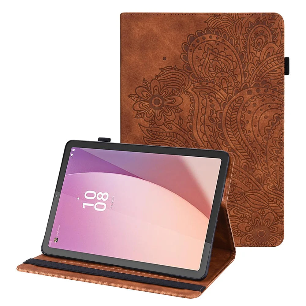For Lenovo Tab M9 TB-310FU Flip PU Leather Cover Flower Imprinting Stand Card Holder Tablet Case - Brown - 1