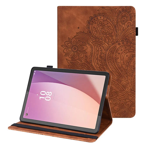 For Lenovo Tab M9 TB-310FU Flip PU Leather Cover Flower Imprinting Stand Card Holder Tablet Case - Brown - 1