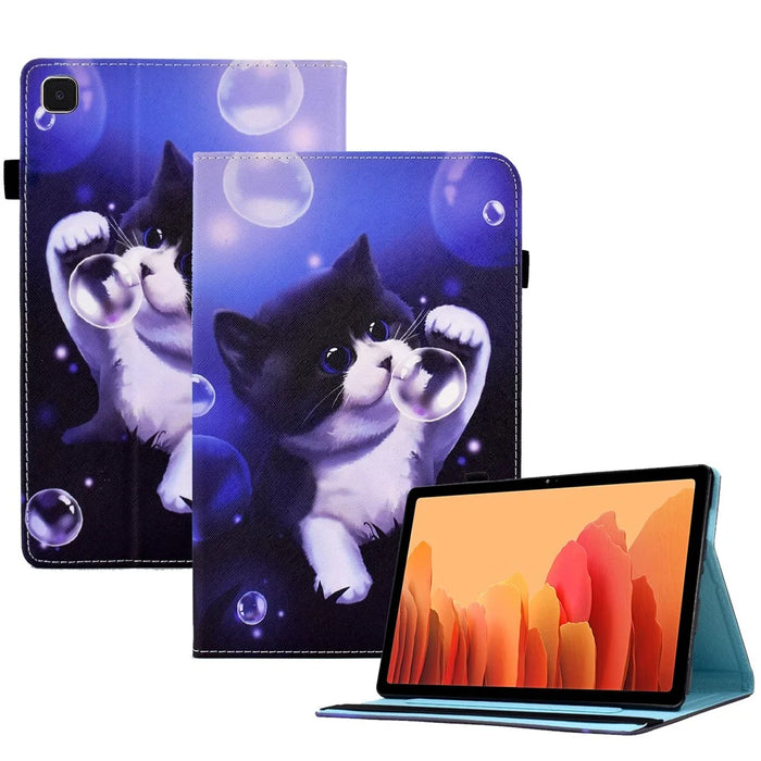 For Samsung Galaxy Tab A7 10.4 (2020) / (2022) T500 / T505 Cover Stand Elastic Band PU Leather Case with Card Holder - Bubble and Cat - 1