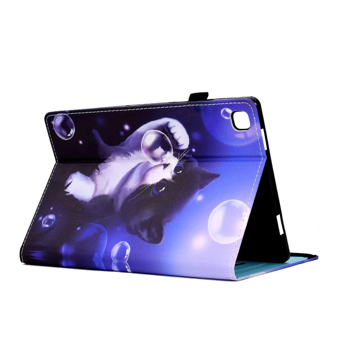 For Samsung Galaxy Tab A7 10.4 (2020) / (2022) T500 / T505 Cover Stand Elastic Band PU Leather Case with Card Holder - Bubble and Cat - 4