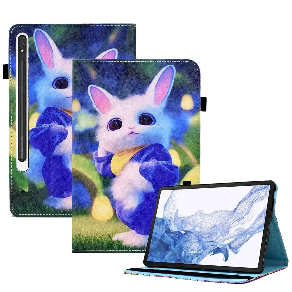 For Samsung Galaxy Tab S8 X700 / X706 (2022) / Tab S7 T870 / T875 (2020) Pattern Printing Tablet Stand Case with Elastic Band - Cute Rabbit - 1