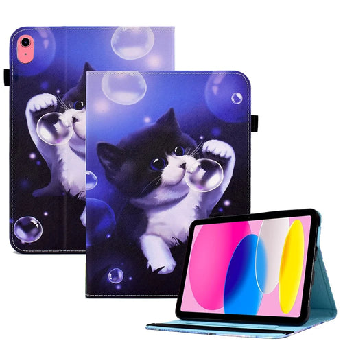 For iPad (2025) / 10.9 (2022) PU Leather Folding Stand Cover Pattern Printing Elastic Band Tablet Case with Card Holder - Bubble and Cat - 1