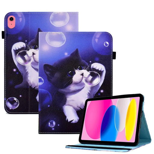 For iPad (2025) / 10.9 (2022) PU Leather Folding Stand Cover Pattern Printing Elastic Band Tablet Case with Card Holder - Bubble and Cat - 1