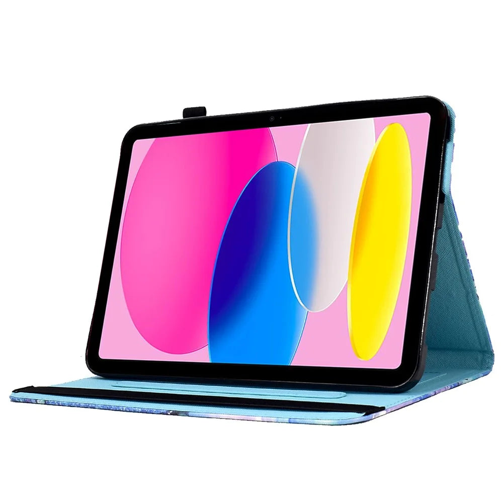 For iPad (2025) / 10.9 (2022) PU Leather Folding Stand Cover Pattern Printing Elastic Band Tablet Case with Card Holder - Bubble and Cat - 3
