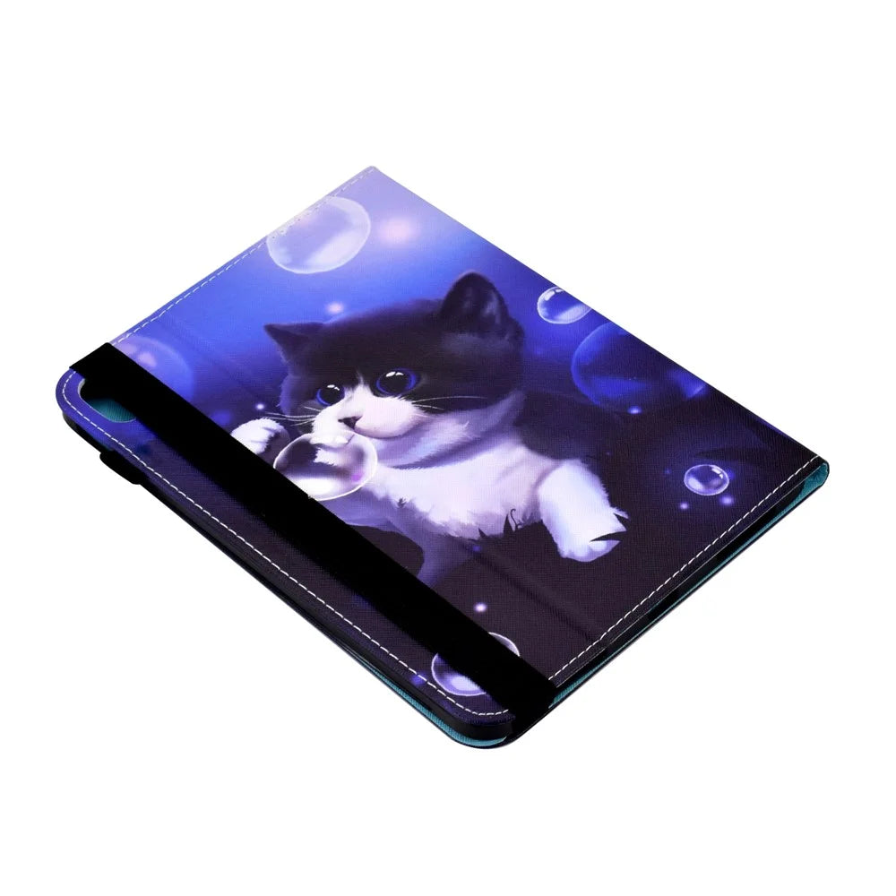 For iPad (2025) / 10.9 (2022) PU Leather Folding Stand Cover Pattern Printing Elastic Band Tablet Case with Card Holder - Bubble and Cat - 6