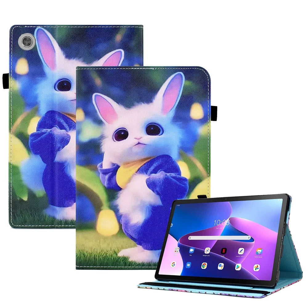 For Lenovo Tab M10 (Gen 3) PU Leather Tablet Case Pattern Printing Stand Card Holder Cover with Elastic Band - Cute Rabbit - 1