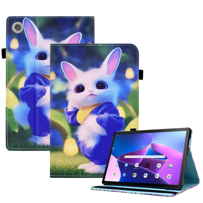 For Lenovo Tab M10 (Gen 3) PU Leather Tablet Case Pattern Printing Stand Card Holder Cover with Elastic Band - Cute Rabbit - 1