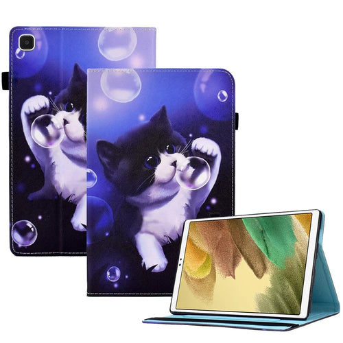For Samsung Galaxy Tab A7 Lite 8.7-inch T220 Pattern Printing Tablet Case PU Leather Card Slots Stand Cover with Elastic Band - Bubble and Cat - 1