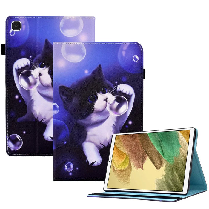 For Samsung Galaxy Tab A7 Lite 8.7-inch T220 Pattern Printing Tablet Case PU Leather Card Slots Stand Cover with Elastic Band - Bubble and Cat - 1