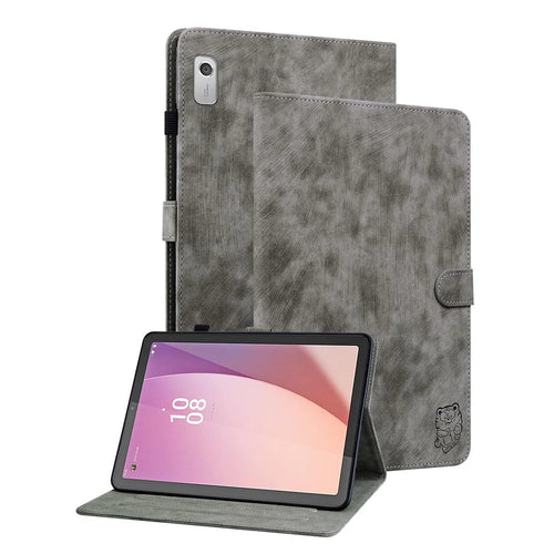 PU Leather Case for Lenovo Tab M9 TB-310FU Cute Tiger Pattern Tablet Protective Sleeve with Stand / Card Holder - Grey - 1