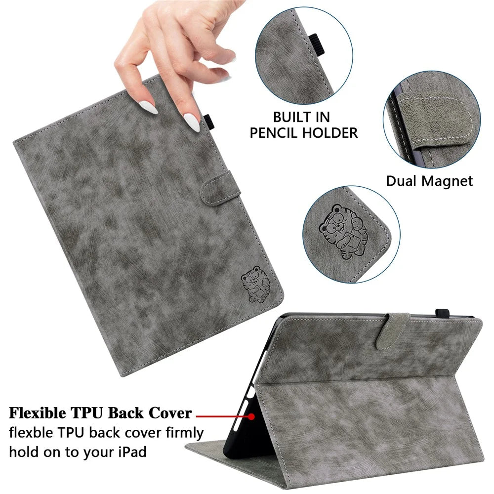 PU Leather Case for Lenovo Tab M9 TB-310FU Cute Tiger Pattern Tablet Protective Sleeve with Stand / Card Holder - Grey - 5
